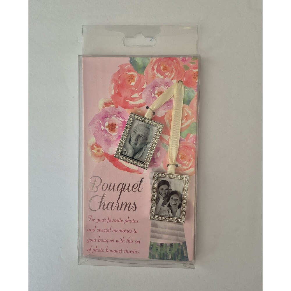 Davids Bridal Silver Rhinestone and Ribbon Set of 2 Bouquet Photo Charms NEW